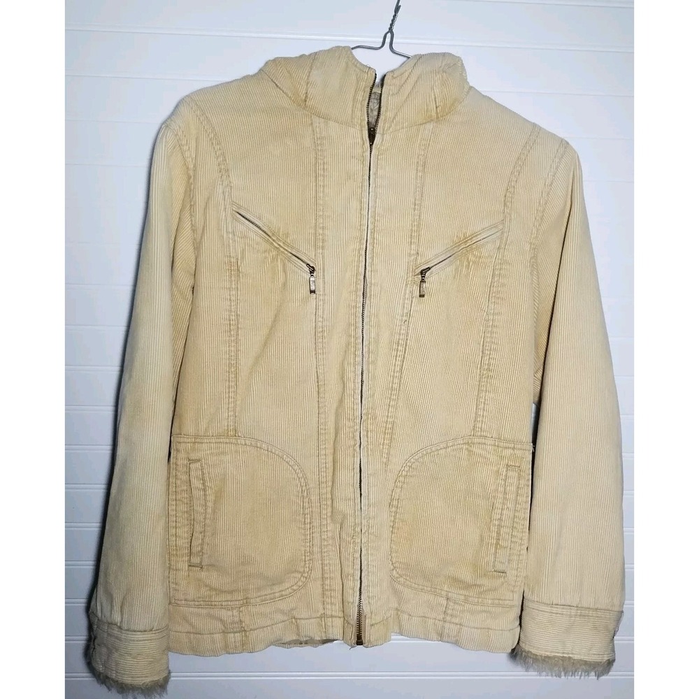 Vtg Cato Tan Corduroy Jacket Faux Fur Hooded & Cuffs Women MD Granola Girl Y2K